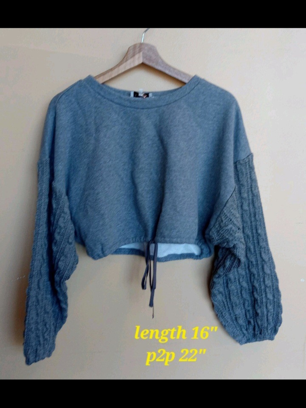 Cropped Gray Knit-Sleeve Drawstring Sweatshirt